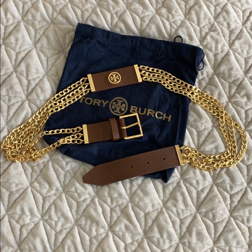 Tory Burch gold chain and leather belt